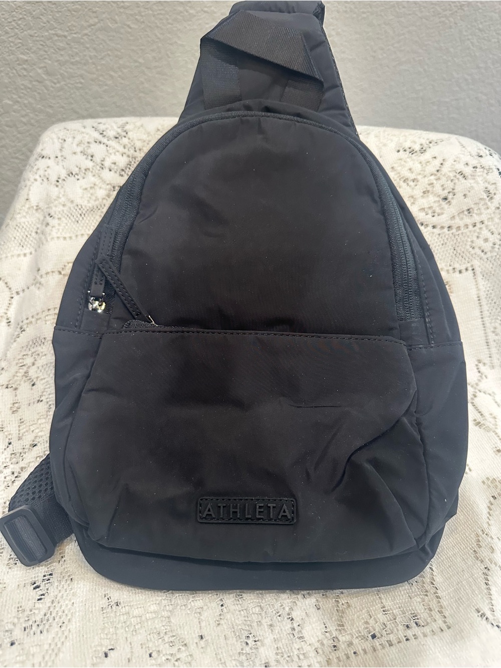Athleta Black Nylon Sling Bag with Front Zip Pocket